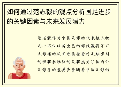 如何通过范志毅的观点分析国足进步的关键因素与未来发展潜力